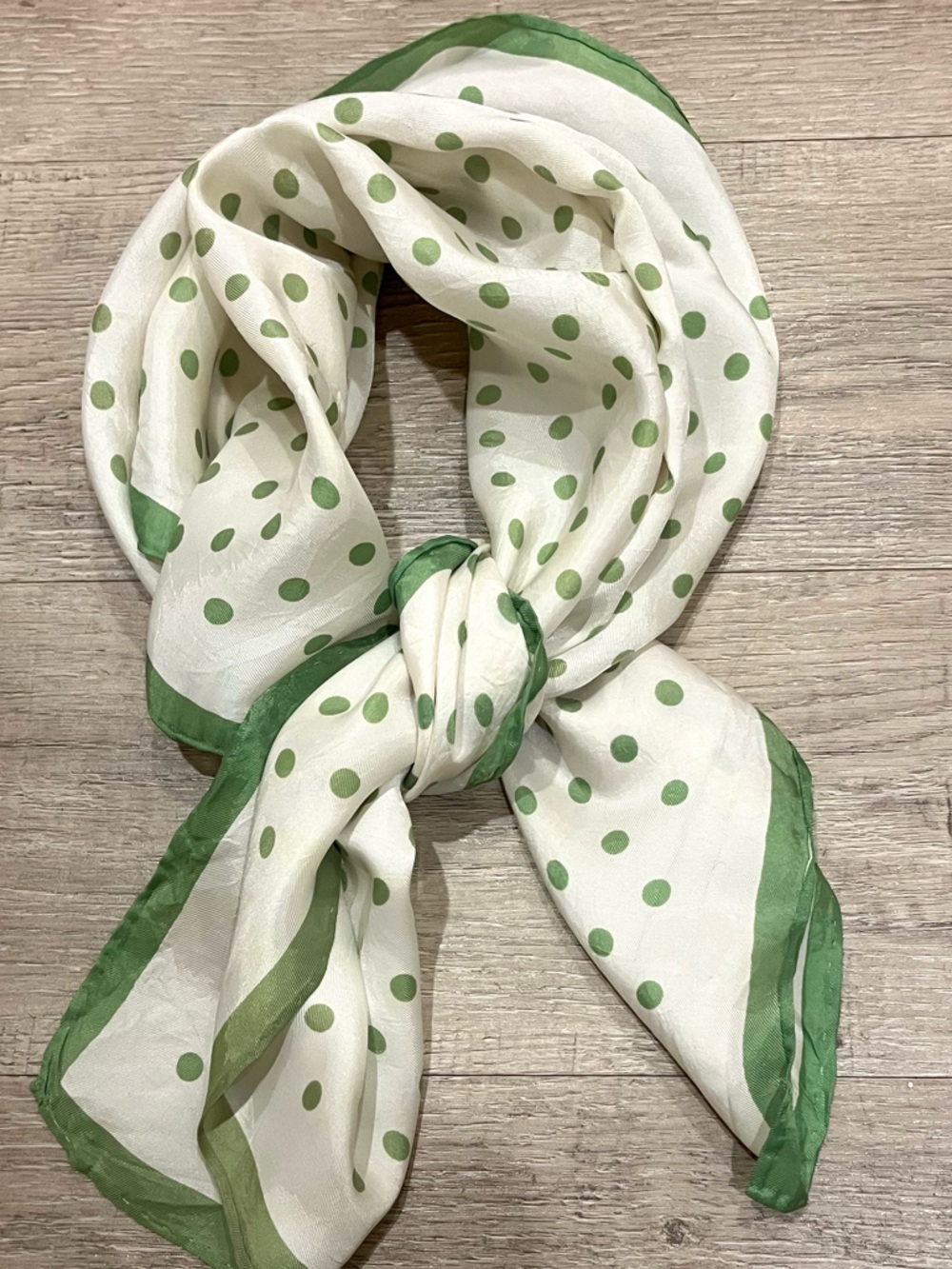 Vintage White & Green Polka Dot Square Acetate Scarf Hand Printed Hand Rolled